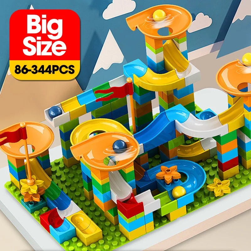 Colorful marble race run toy with funnels, slides, and blocks in various shapes and sizes, designed for kids.