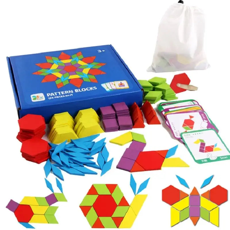 Colorful wooden geometric pattern blocks in various shapes, with a blue box and cards, plus a storage bag.