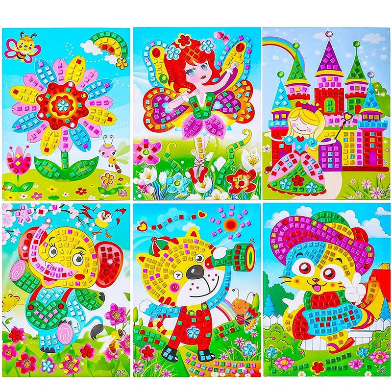 Colorful mosaic stickers art kits featuring various designs like flowers, animals, and castles for kids' crafts.