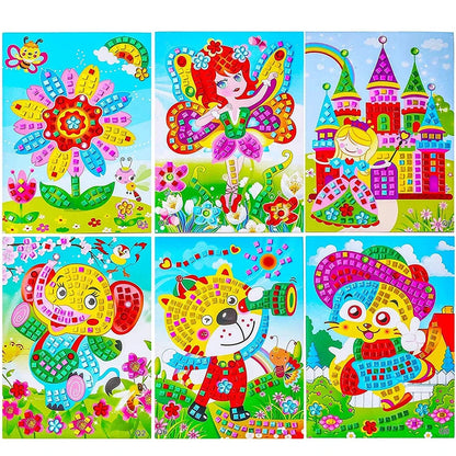 Colorful mosaic stickers art kits featuring various designs like flowers, animals, and castles for kids' crafts.