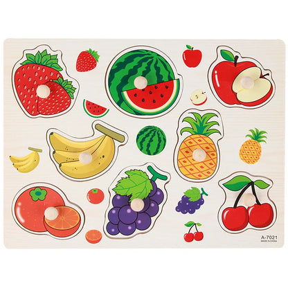 Colorful wooden puzzle featuring various fruits like strawberries, watermelons, bananas, and grapes with knobs for easy