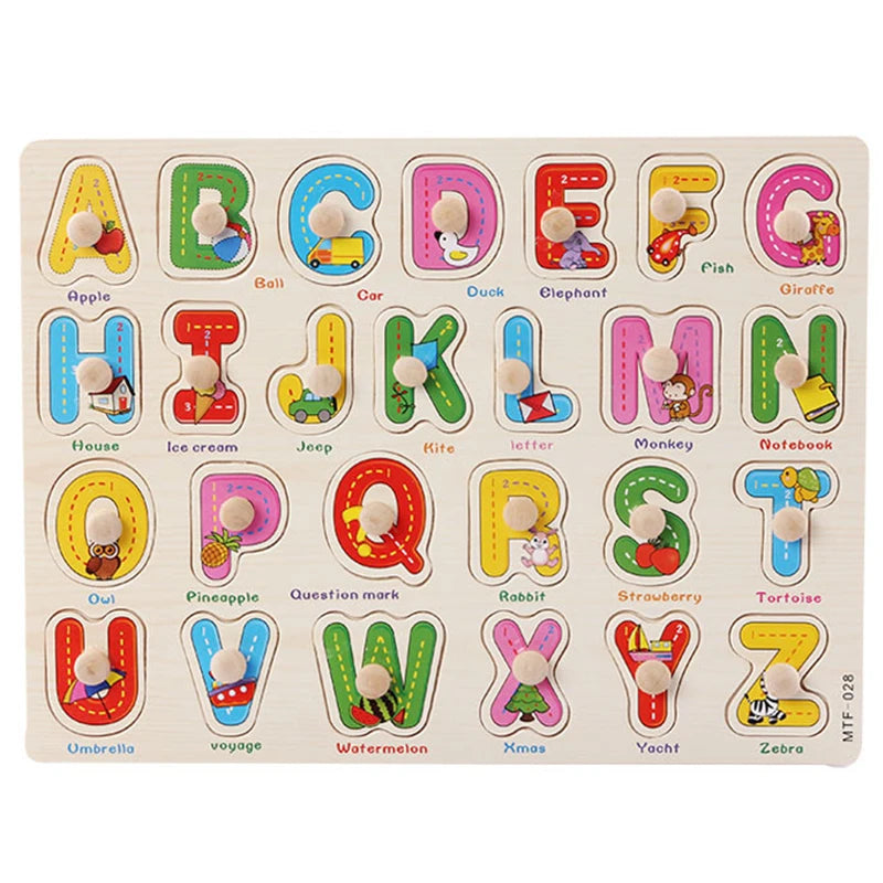 Wooden puzzle board featuring colorful letters A to Z with cartoon animals and fruits, designed for young children.