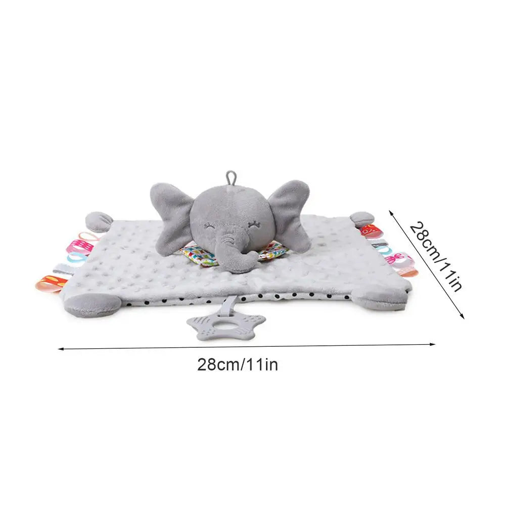 Gray plush elephant head attached to a soft blanket with colorful tags, designed as a baby comforter.