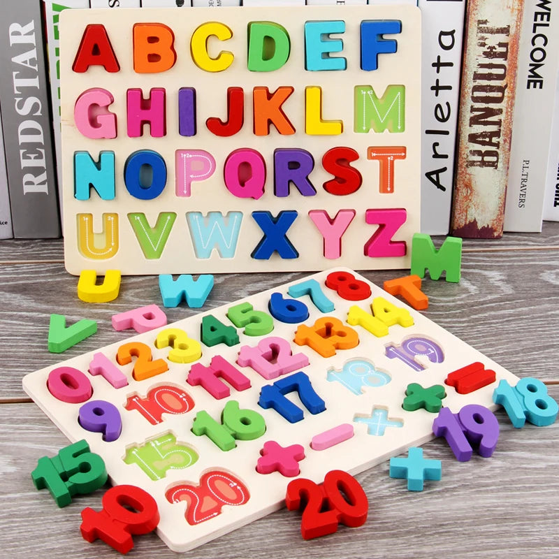 Colorful wooden puzzle with letters, numbers, and shapes on a wooden surface, designed for toddlers.