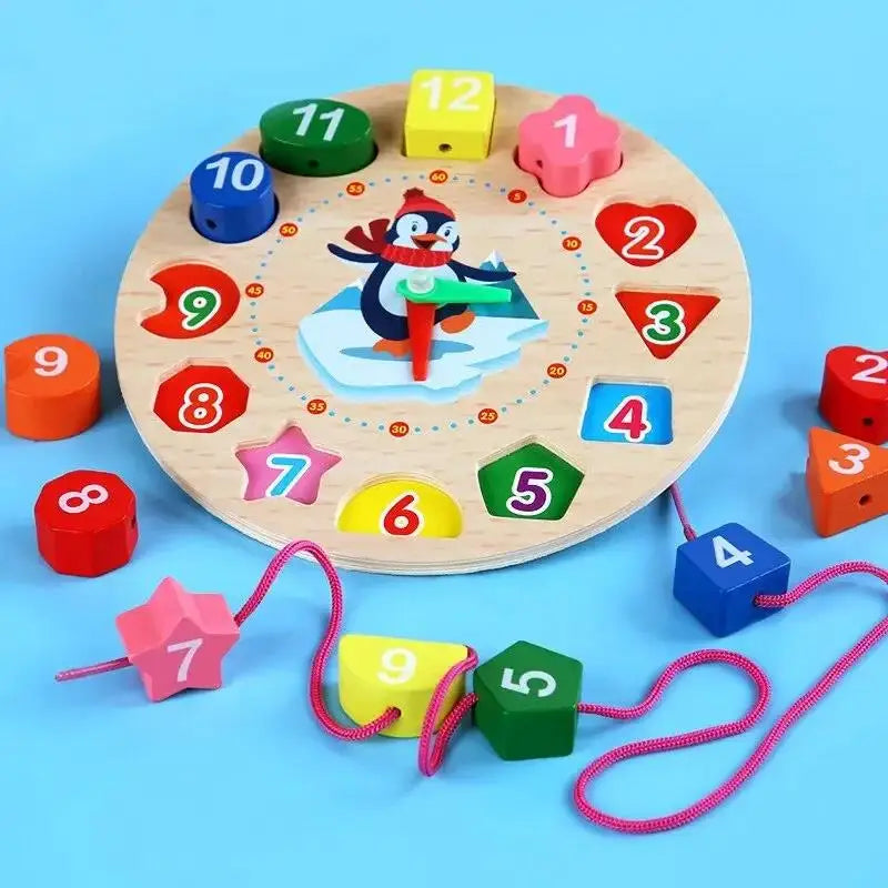 Wooden number puzzle with colorful shapes and a penguin design, featuring a clock face and string for sorting.