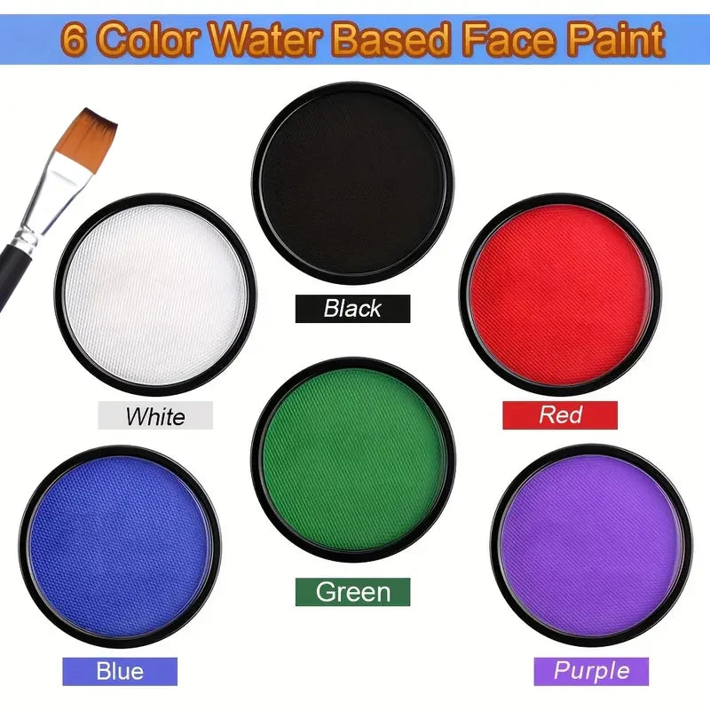 Water Activated Face & Body Paint - 6 Colors with Brush