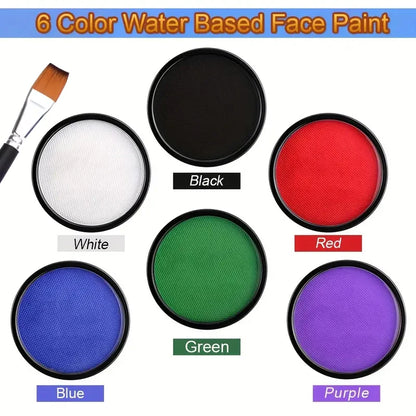 Water Activated Face & Body Paint - 6 Colors with Brush