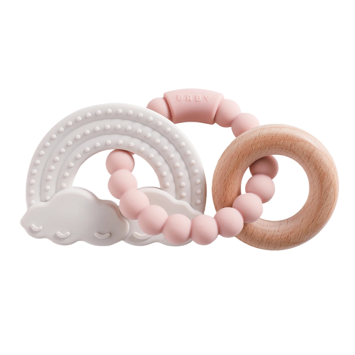 Silicone teether featuring a rainbow and cloud design in pastel colors with a wooden ring and pink beads.