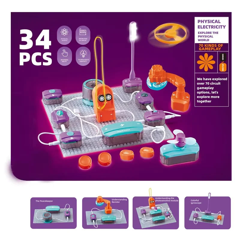 34-piece electronic building blocks toy set with colorful components for physics experiments, includes various circuit