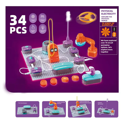 34-piece electronic building blocks toy set with colorful components for physics experiments, includes various circuit