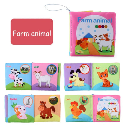 Colorful washable baby cloth book set featuring farm animals, with crinkle pages and teething rings.