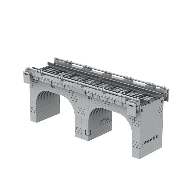 Gray building block model of a traffic bridge viaduct with train tracks and arched supports