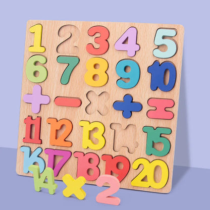 Wooden puzzle board with colorful numbers and symbols for toddlers, featuring various shapes and colors.