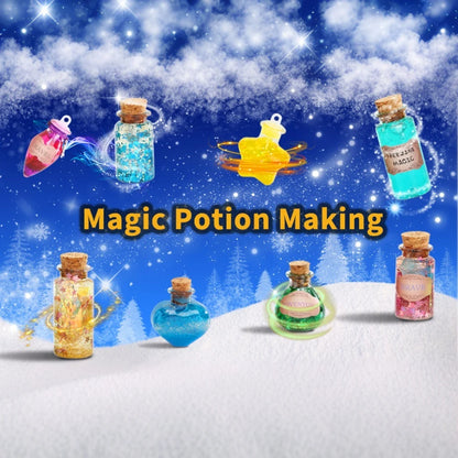 Colorful potion bottles with cork stoppers on a snowy background, featuring sparkles and a magical theme.