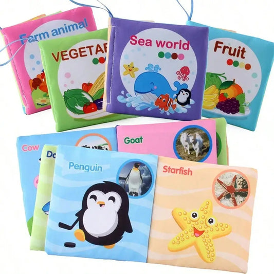 Set of colorful baby cloth books featuring animals and fruits with crinkle textures and teething rings.