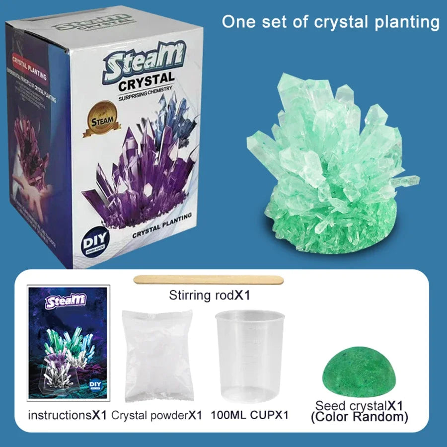 Colorful crystal growing kit with green and blue crystals, stirring rod, crystal powder, and instructions.