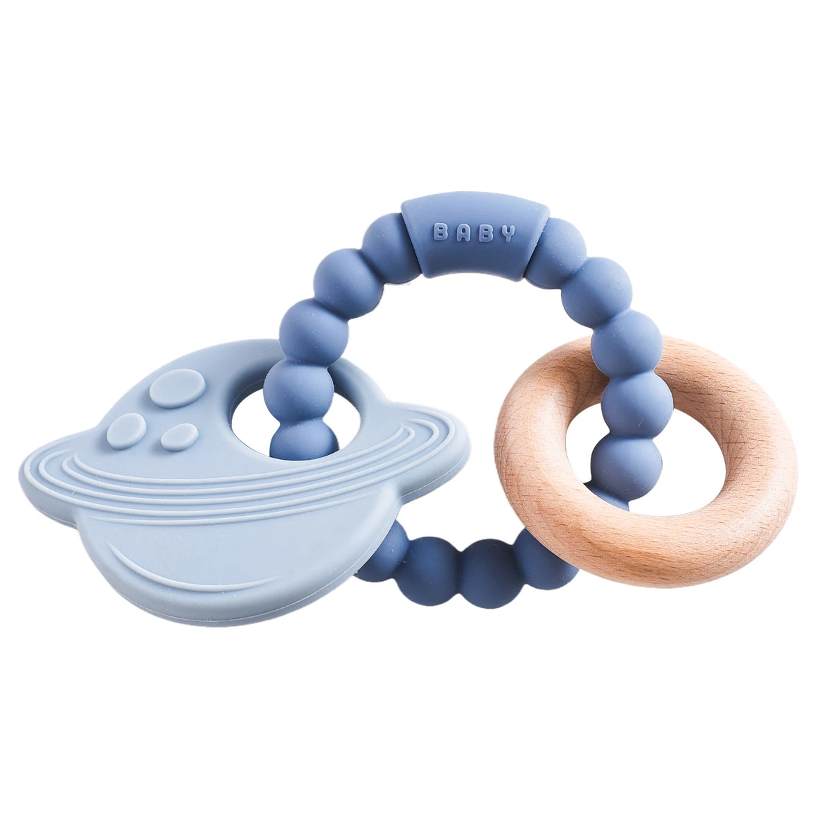 Silicone teether in blue with planet design, wooden ring, and black beads, suitable for babies and toddlers.