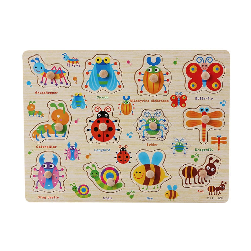 Wooden puzzle board featuring colorful insect shapes with knobs for toddlers, designed for educational play.