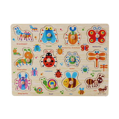 Wooden puzzle board featuring colorful insect shapes with knobs for toddlers, designed for educational play.