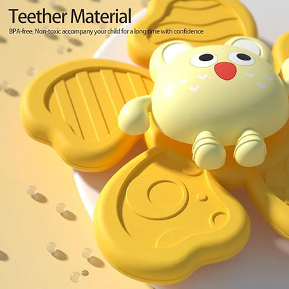 Colorful baby bath toys in various shapes, featuring a yellow frog and suction cups for attachment.