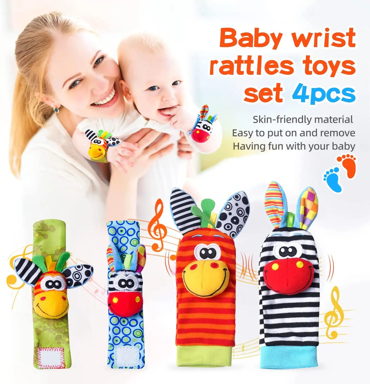 Four colorful baby wrist rattles with animal designs, featuring bright patterns and playful faces, held by a smiling parent.