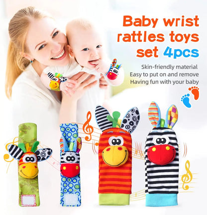 Four colorful baby wrist rattles with animal designs, featuring bright patterns and playful faces, held by a smiling parent.