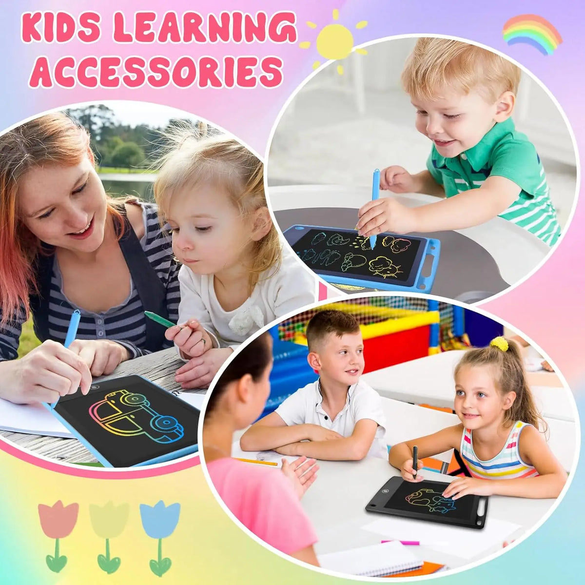 Children using colorful LCD writing tablets, drawing doodles, with a bright background featuring playful graphics.