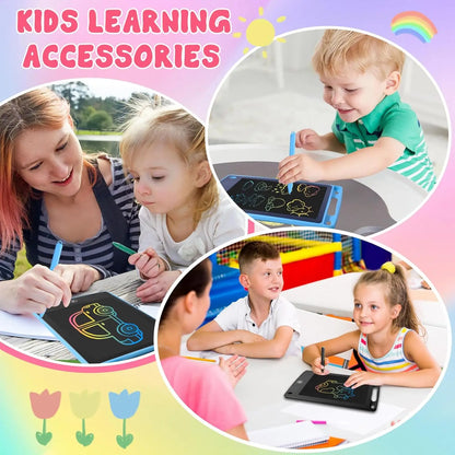 Children using colorful LCD writing tablets, drawing doodles, with a bright background featuring playful graphics.