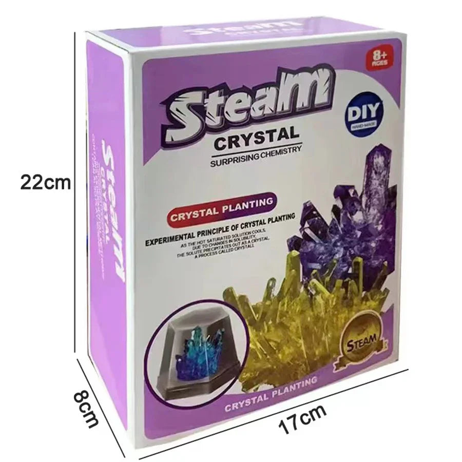 Colorful crystal planting kit box featuring various crystal shapes and colors, labeled with DIY and STEAM themes.