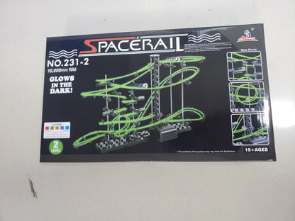 Marble run maze game box featuring a luminous roller coaster design, labeled 'SPACERAIL NO.231-2', with glowing elements.