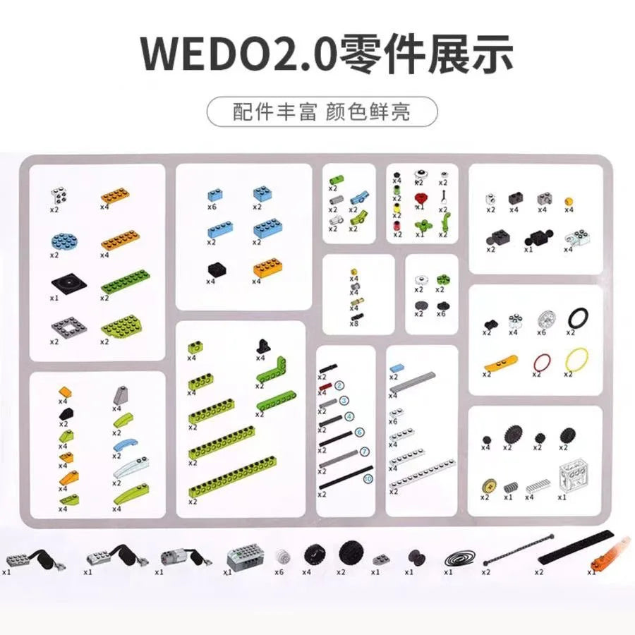 Colorful building blocks and components arranged in a grid, labeled with numbers and descriptions for a robotics kit.