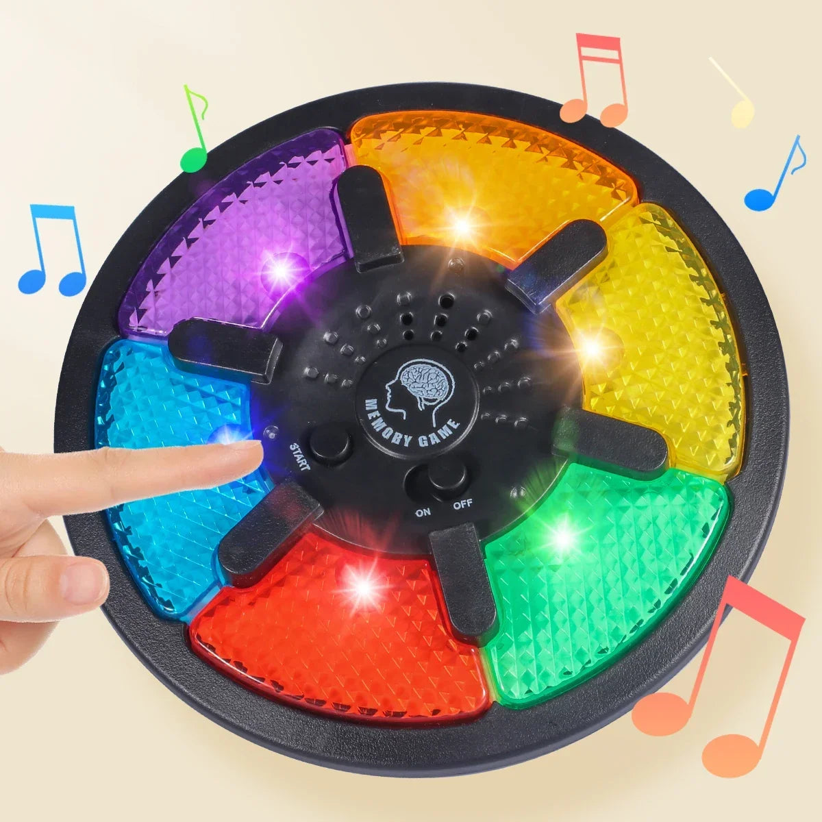 Handheld electronic memory game with colorful light-up buttons in purple, blue, green, orange, and red, featuring musical