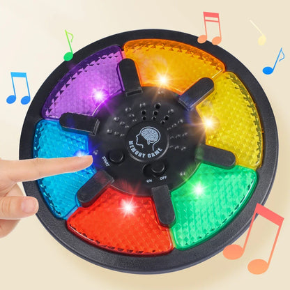 Handheld electronic memory game with colorful light-up buttons in purple, blue, green, orange, and red, featuring musical