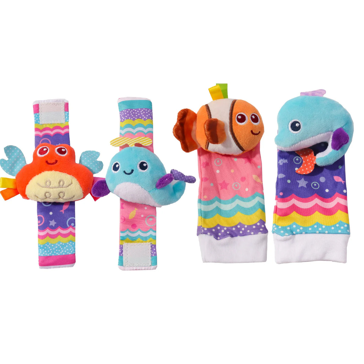 Four colorful baby wrist rattles and socks featuring a crab, whale, clownfish, and dolphin with vibrant patterns.
