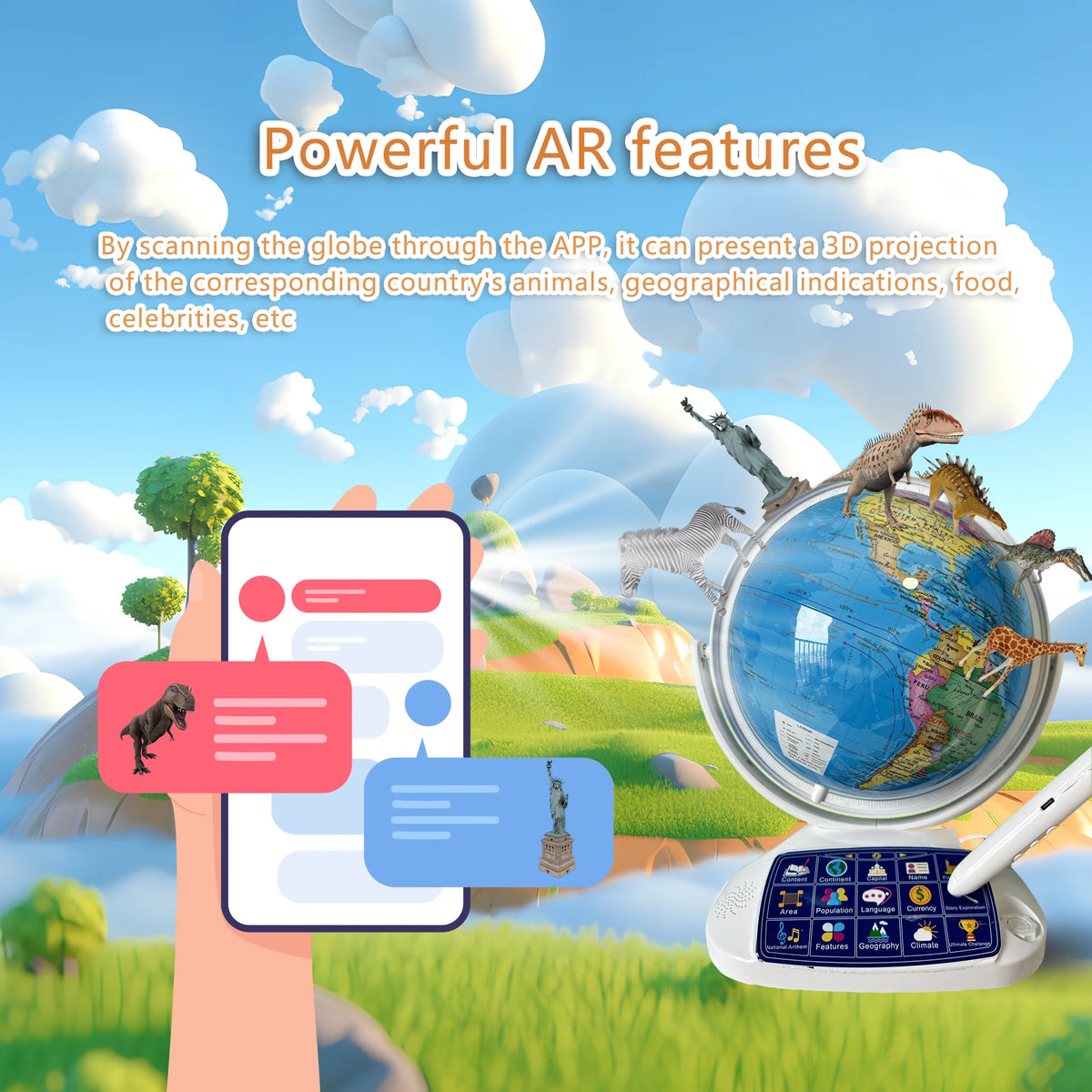 11-inch terrestrial globe with LED lights, featuring animals and geographical details, interactive AR features visible.