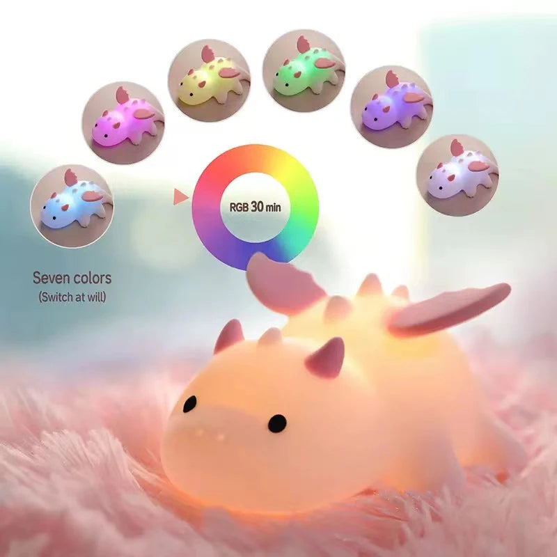 Dragon Night Light for Kids, Rechargeable 7 Colors Silicone Night Lights with Magnetic Base & Timer, Dimmable Nursery