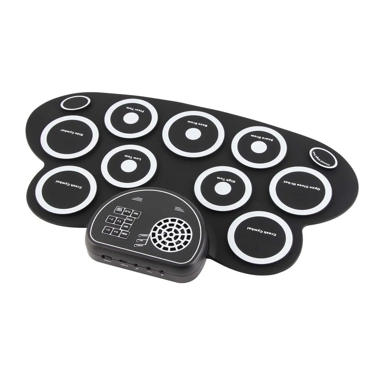 Black roll-up drum pad with ten circular drum pads and a control panel featuring speakers and buttons.