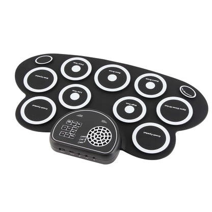 Black roll-up drum pad with ten circular drum pads and a control panel featuring speakers and buttons.