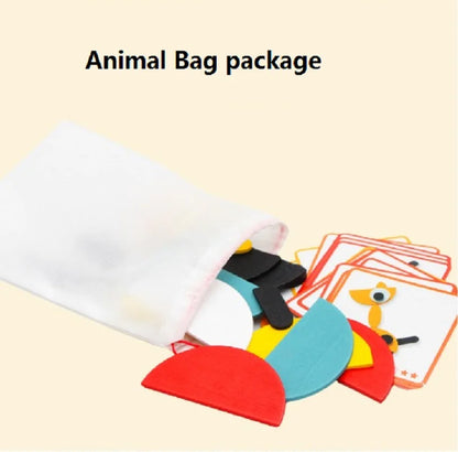 Animal bag package with colorful wooden pattern blocks and geometric shape cards partially visible.