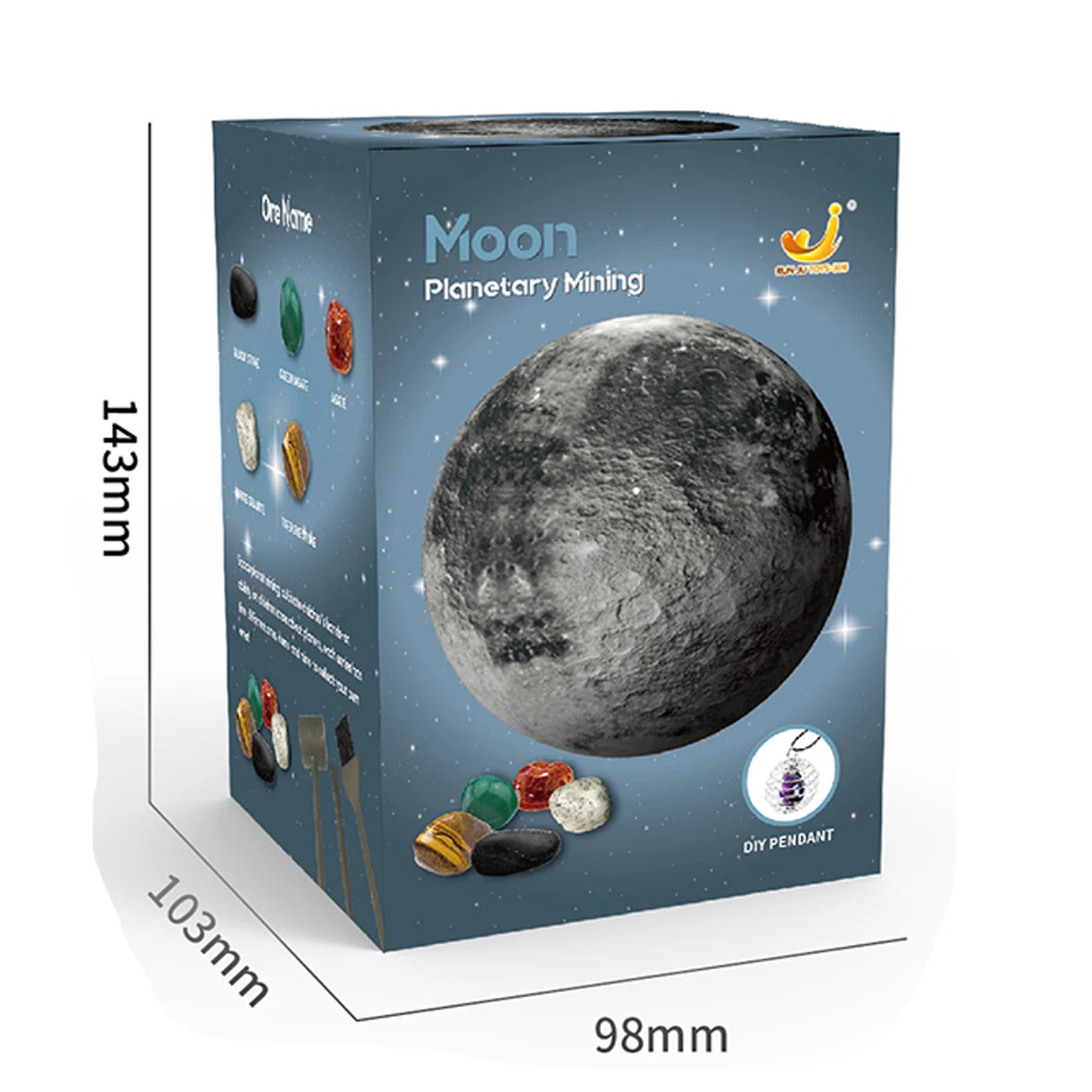 Box for Moon planetary mining toy featuring a lunar surface design and colorful gem illustrations.