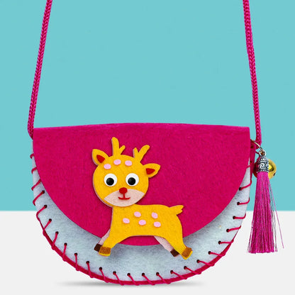 Colorful DIY shoulder bag in pink and gray with a deer design, featuring bright yellow accents and a tassel.
