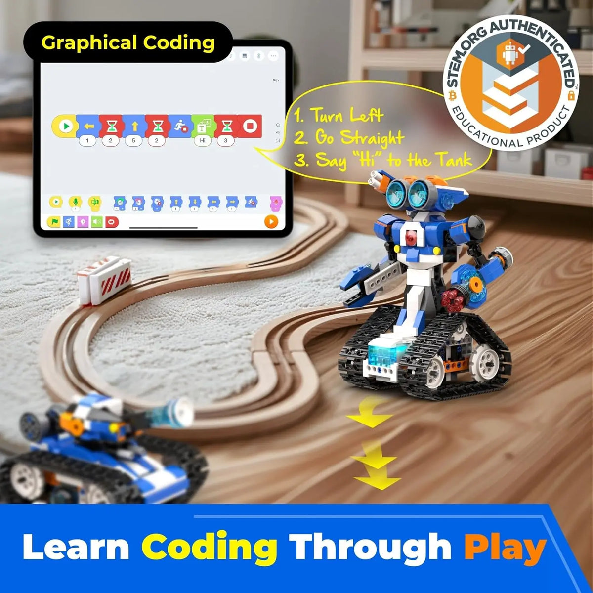 Colorful robot toy with wheels, remote control, and coding interface displayed on a tablet, set on a track.