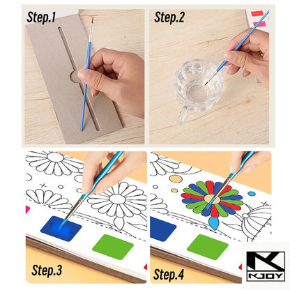 Four-step guide for using a watercolor painting book, featuring a paintbrush, water, and colorful designs.