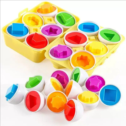 Colorful shape matching puzzle set with six pieces in a yellow storage box, featuring various shapes and colors.