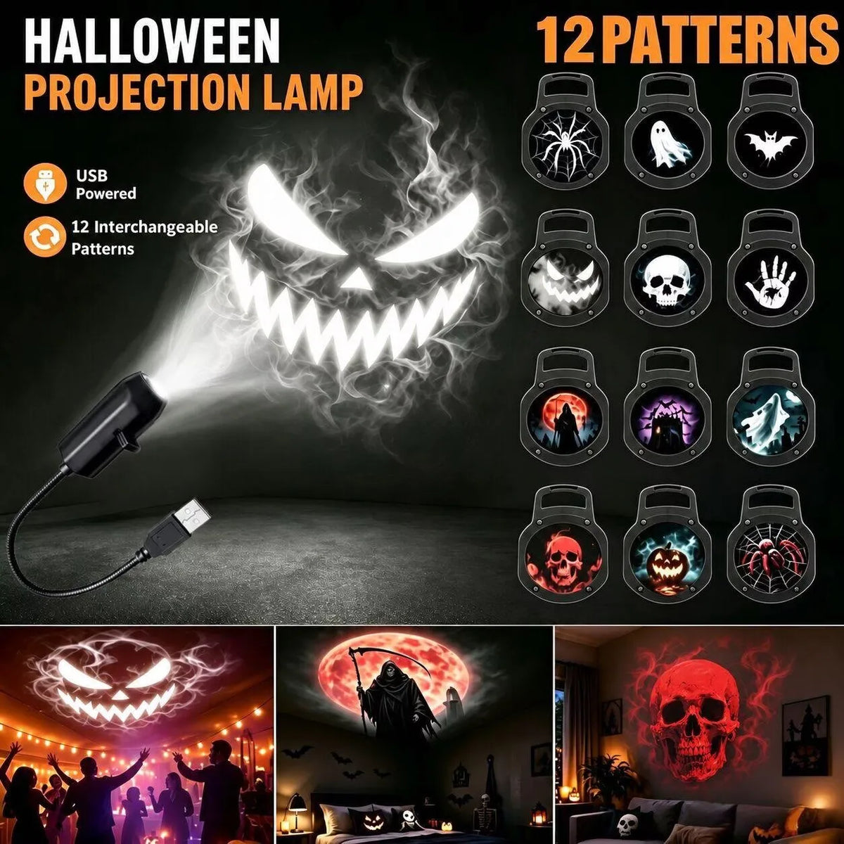 USB Halloween Projector Light with Ghost & Skull Patterns