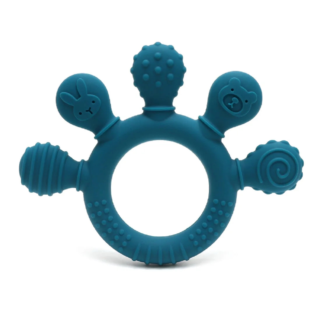 Navy blue silicone baby teether with various textured shapes for sensory gum relief.