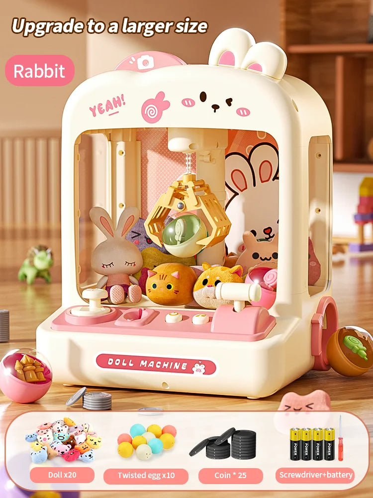 Rabbit claw doll machine toy, white with pink base and claw arm behind window