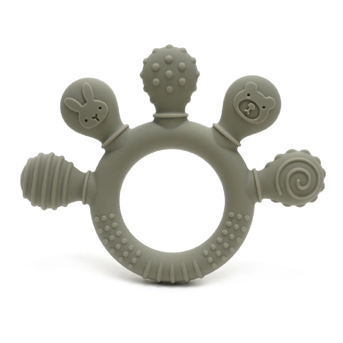 Sage green silicone baby teether with various textured shapes including a bunny, bear, and spiral design.