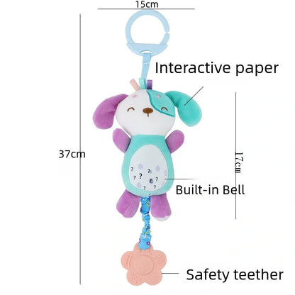 Soft stuffed animal rattle in purple and teal with a built-in bell and safety teether, designed for babies.