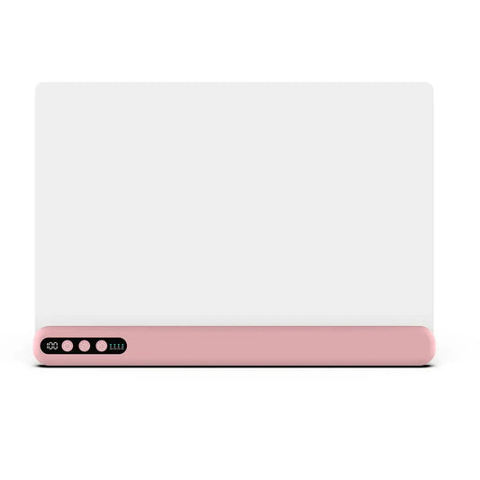 Pink LED drawing board with a smooth surface, timer buttons, and built-in stand, designed for kids.